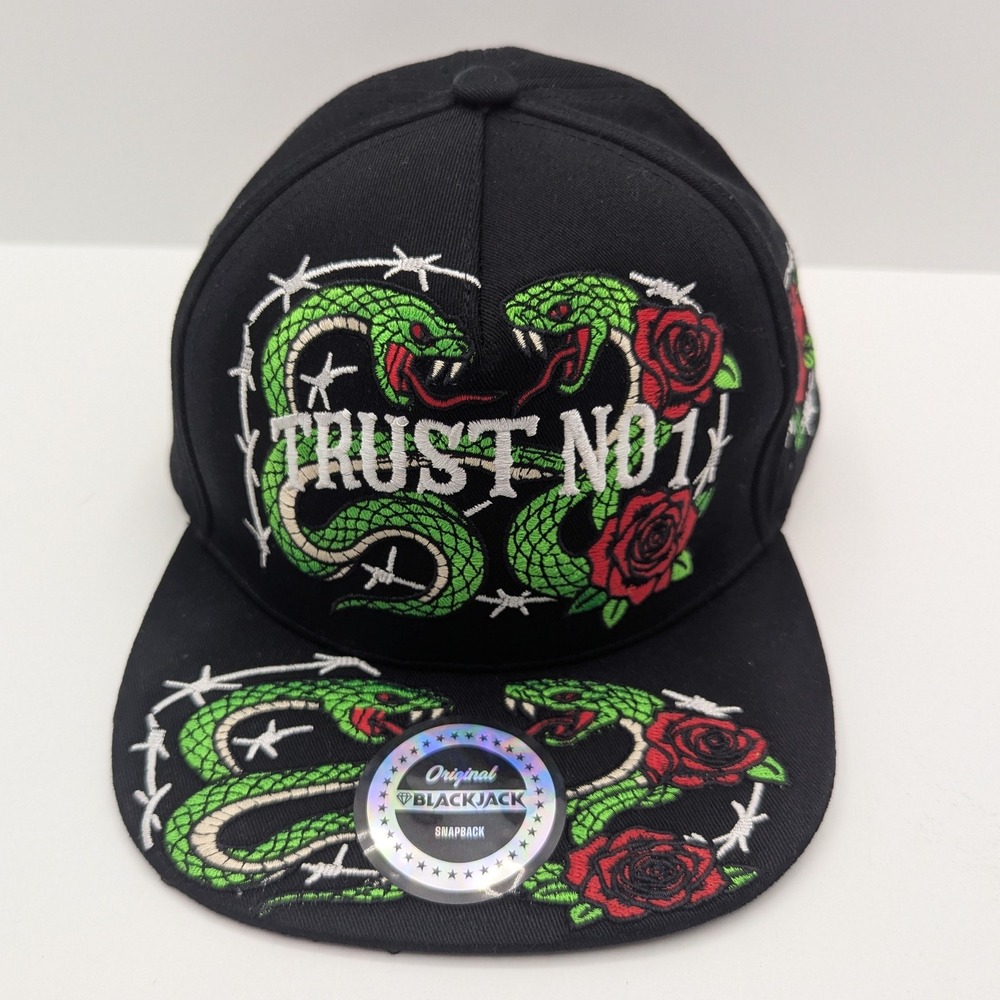 Blackjack Trust No 1 Snapback Hat Black Snake Rose Barbed Wire Flat Brim Cap - Picture 2 of 12